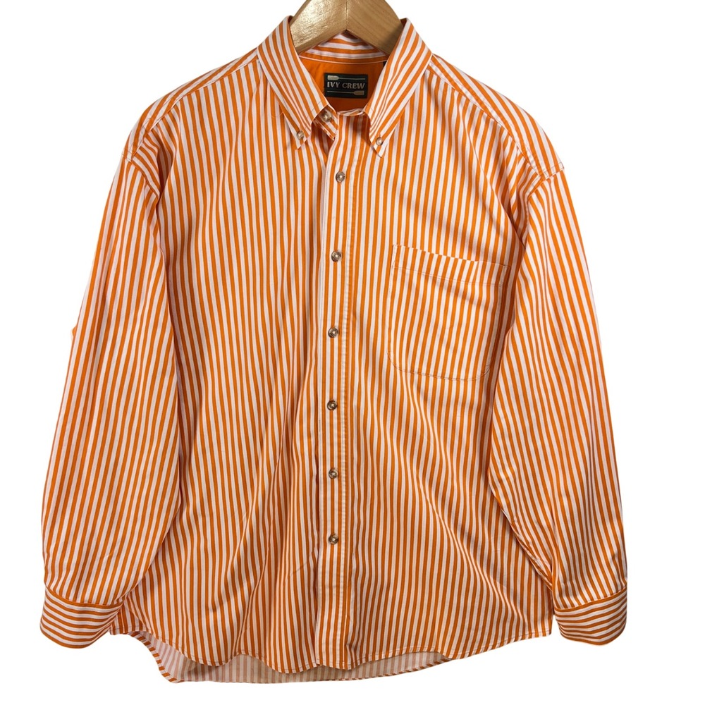 Ivy Crew Mens Large Orange White Striped‎ Button Down Shirt Long Sleeve Cotton L